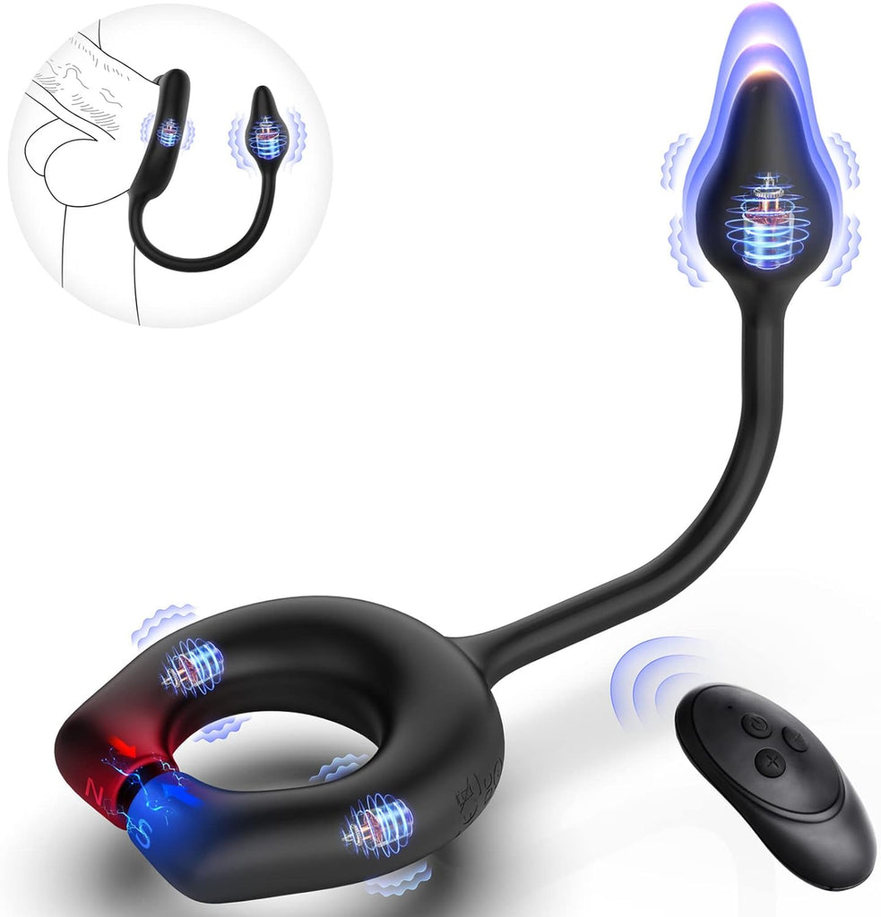 Vibrating Cock Ring with Anal Plug, Penis Ring Vibrator Magnet Adsorption Design, 10 Vibration Modes Adult Sex Toys for Men Coup